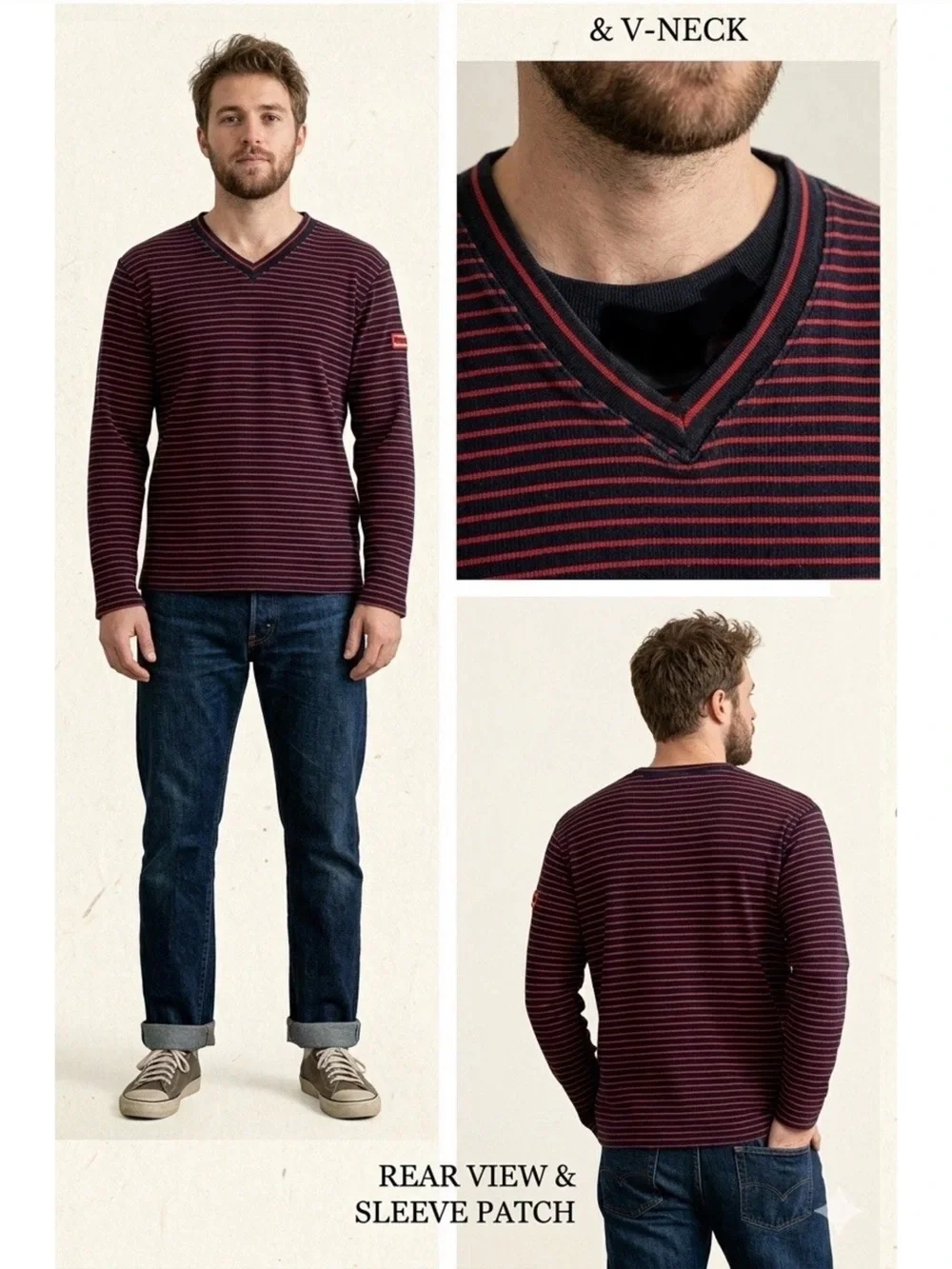 Polo by Ralph Lauren Men's V-Neck Striped Sweater in Red and Black